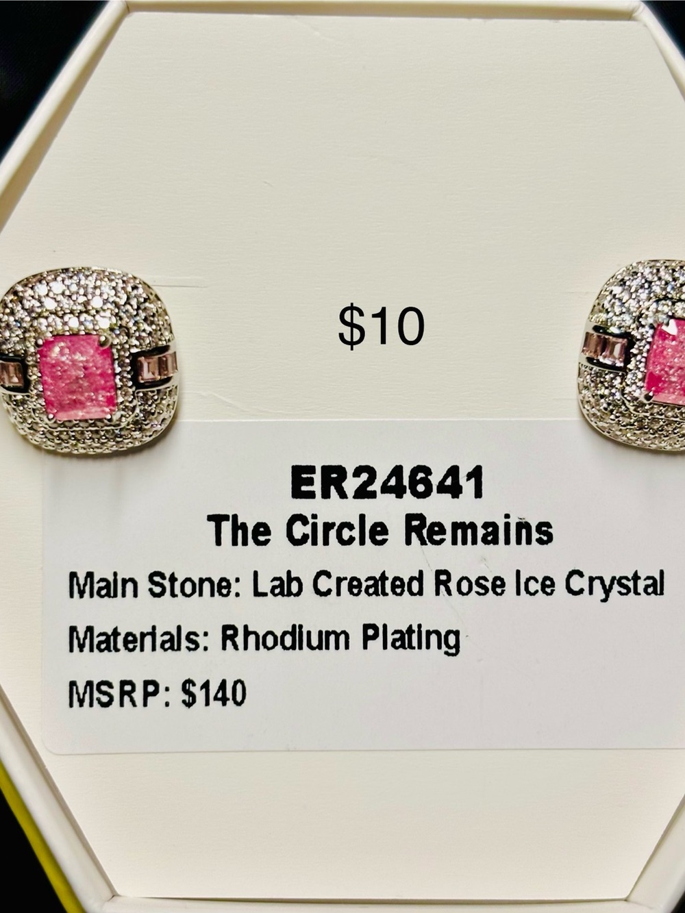 Rhodium-Plated Pink Rose Crystal Cushion Stud Earrings